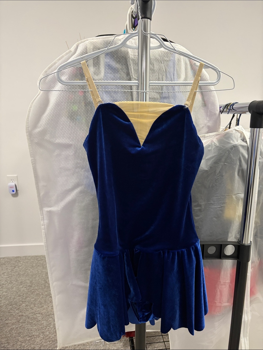Blue Velvet Spaghetti-Strap Dress for Dance or Figure Skating